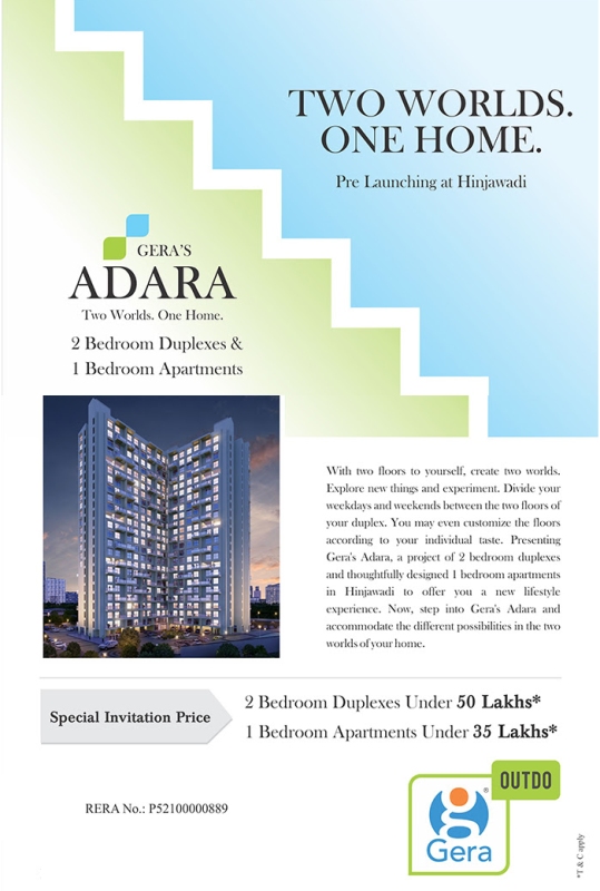 Gera Adara is now Rera approved and offers 1 & 2 bhk duplex at Hinjewadi